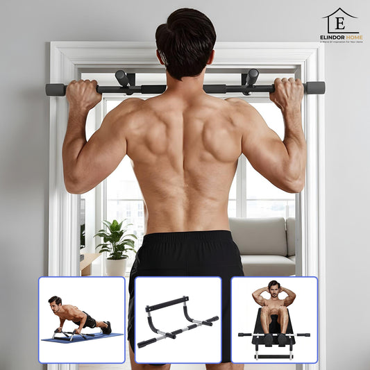 Bara Tractiuni Elindor® pentru Usa, Otel Intarit 1.7 mm, Greutate Maxima Suportata 200 kg, Manere Multiple Antialunecare, Protectie Dubla Silicon, Montaj fara Suruburi, Fitness Acasa si Sala, Negru