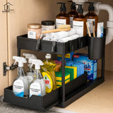 Organizator Multifunctional Elindor® pe 2 Nivele, Sertar Glisant Organizare, pe Blat sau in Dulap sub Chiuveta, 16 Carlige, Suport Plastic, pentru Bucatarie, Baie, Camara, Bar, Raft cu Sertare Depozitare Legume, Detergenti, Parfumuri, 39.5x21.6x39, Negru