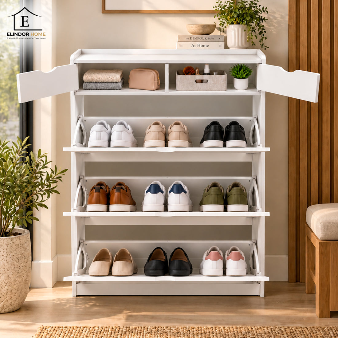 Dulap pentru Pantofi Elindor® Organizator Tip Pantofar cu 4 Niveluri, Fara Gauri, Suport pentru Papuci, Dulap Hol, Living, Dormitor, Economisire Spatiu, Depozitare Incaltaminte, 130 x 80 x 17 cm, Alb