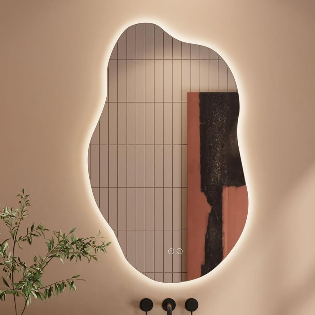 Oglinda de Perete Elindor® Asimetrica, fara Rama, Decorativa, Verticala / Orizontala, Eleganta, Ideala pentru Baie, Birou, Hol, Living, Dressing, Iluminare Led, Intensitate Ajustabila, Antiaburire, Tempera de Culoare 4500K, 85 x 52 cm