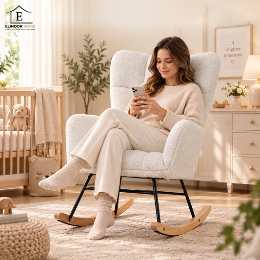 Fotoliu Balansoar Elindor® cu Spatar, Ergonomic, Cadru Solid din Otel, Ideal pentru Living, Dormitor, Camera Copilului, 68 x 88 x 93 cm, Alb