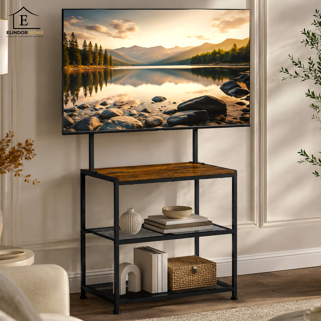 Suport TV Premium Elindor®, Stand cu Montaj pentru Televizoare 23-50 inch, Raft 3 Polite de Depozitare, Latime si Picioare Reglabile, din Cadru Metalic si Lemn, pentru Living si Dormitor, 43.2 x 33.4 x 17.7 cm, Maro Rustic