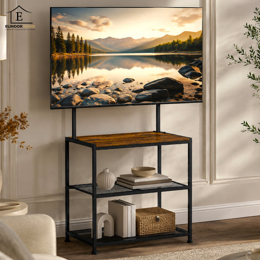 Suport TV Premium Elindor®, Stand cu Montaj pentru Televizoare 23-50 inch, Raft 3 Polite de Depozitare, Latime si Picioare Reglabile, din Cadru Metalic si Lemn, pentru Living si Dormitor, 43.2 x 33.4 x 17.7 cm, Maro Rustic