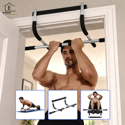 Bara Tractiuni pentru Usa Elindor®, Otel Intarit 1.7 mm, Greutate Maxima Suportata 200 kg, Manere Multiple Antialunecare, Montaj fara Suruburi, Fitness Acasa si Sala, Negru
