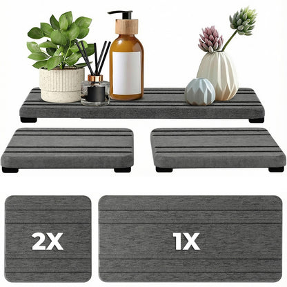 Set Tavi Absorbante Elindor® din Piatra, Diatomit, Uscare Rapida, Anti-Alunecare, pentru Chiuveta si Blat, Design Striat, 3 Piese, 21 x 10 cm si 10 x 10 cm, Gri Inchis