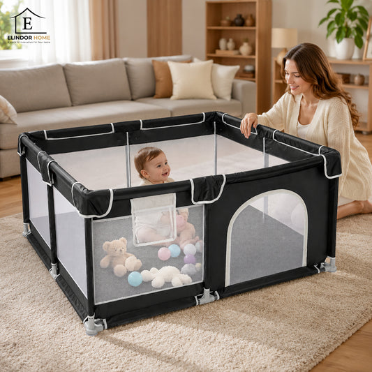 Tarc de Joaca pentru Bebelusi si Copii Elindor® cu Husa Groasa din Spuma, Spatiul Sigur de Joaca, Plasa de Protectie, Include Usa cu Fermoar, Materiale Eco-Friendly și Non-Toxice, Varsta 0-5 ani, 200 x 200 x 65 cm, Negru