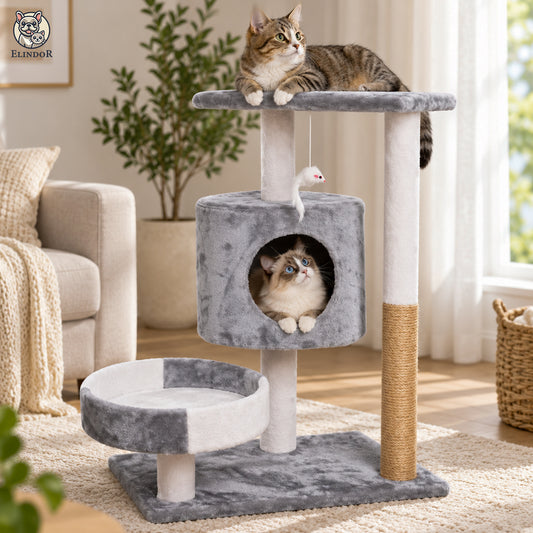 Ansamblu de Joaca Elindor® pentru Pisici, Post pentru Zgariat din Sisal, 3 x Pat Moale / Zone de Dormit, Baza Solida, Accesorii Animale de Companie, Montare Usoare, Gri / Alb