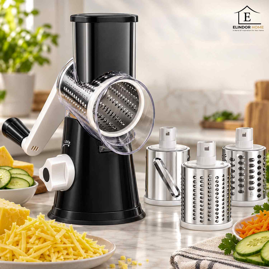 Razatoare Rotativa 3 in 1 Elindor® cu Maner, Lame din Otel Inoxidabil, Tocator Legume, Razatoare Branza, Morcovi, Varza, Ustensila de Bucatarie, Design Compact, Multifunctional, Negru