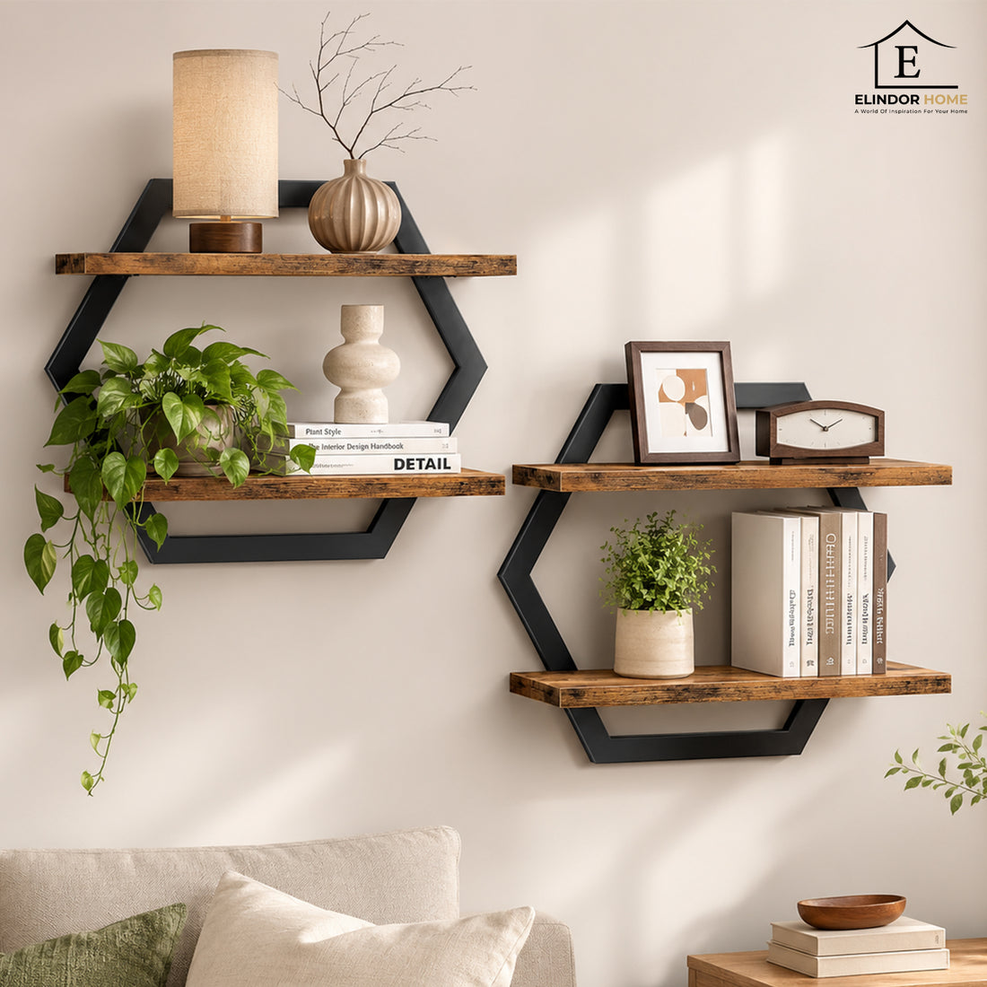 Set 2 Rafturi Elindor®, Raft Suspendat de Depozitare, Mobila Bucatarie, Dormitor, Baie sau Birou, Etajera Practica cu Design Aerisit, Usor de Asamblat, Perfecta pentru Organizare Carti, Condimente, Polita Produse Diverse, 80 x 39 x 18.5 cm, Maro / Negru