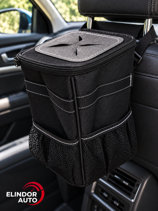 Cos Gunoi Auto Elindor®, Organizator Auto Impermeabil cu Capac si Buzunare Depozitare, Cos Pliabil pentru Masina cu Curea Reglabila, Material Textil Oxford Rezistent, 20 × 15 × 25 cm, Negru