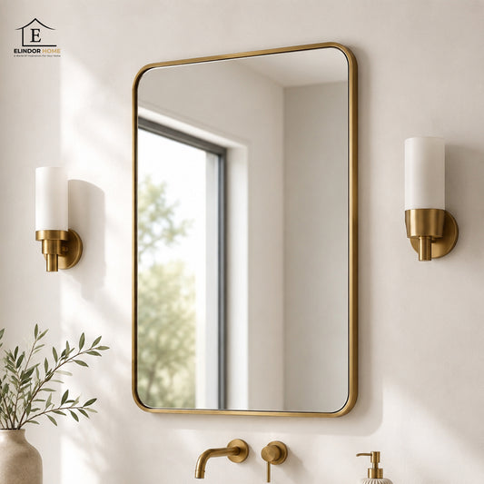 Oglinda de Perete Hol Elindor® sau Sprijinita, Aurie Inchis, Decorativa, Dreptunghiulara, Colturi Rotunjite, Moderna si Eleganta, Reflexie HD, Sticla fara Distorsiuni, Ideala pentru Dormitor, Living, Birou, Dressing, Rama din Aluminiu, 55 x 75 cm