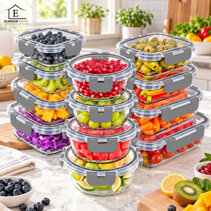 Set de 12 Caserole Elindor® din Sticla Borosilicata, Recipiente Ingrediente pentru Bucatarie, pentru Alimente Uscate, Recipient pentru Depozitare Zahar, Cafea, Paste, Cereale, Capac Etans, 320–1040 ml, Gri