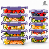 Set de 10 Caserole Elindor® din Sticla Borosilicata, Recipiente Ingrediente pentru Bucatarie, pentru Alimente Uscate, Recipient pentru Depozitare Zahar, Cafea, Paste, Cereale, Capac Etans, Mov