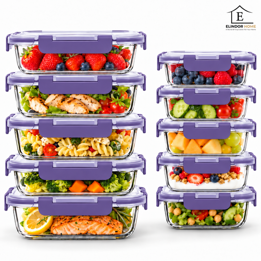 Set de 10 Caserole Elindor® din Sticla Borosilicata, Recipiente Ingrediente pentru Bucatarie, pentru Alimente Uscate, Recipient pentru Depozitare Zahar, Cafea, Paste, Cereale, Capac Etans, Mov