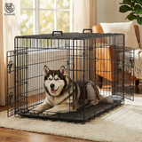 Cusca pentru Animale Elindor® Pliabila, Potrivita pentru Caini de Talie Medie si Mare de 23 Kg, Utilizare in Interior si Exterior sau Calatorii, cu 2 Usi, Baza din Plastic Detasabila, 2 Manere pentru Transport, Marime XXL, 107×69.5×75 cm,