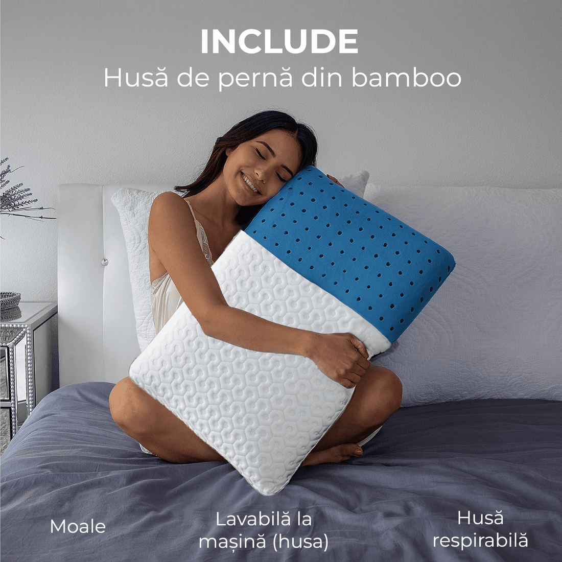 Perna Ortopedică Gel Memory Foam, Suport Gât și Cervical, Husa Detasabilă, Ventilată, 60x40x13 cm, Albastru