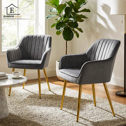 Set 2 Scaune Elindor® Ergonomice, Design Contemporan, Scaun cu Spatar si cu Manere, din Catifea cu Picioare Metalice Negre, Potrivite pentru Living, Bucatarie, Birou, Dormitor, 83 × 55.5 × 43 cm, Gri