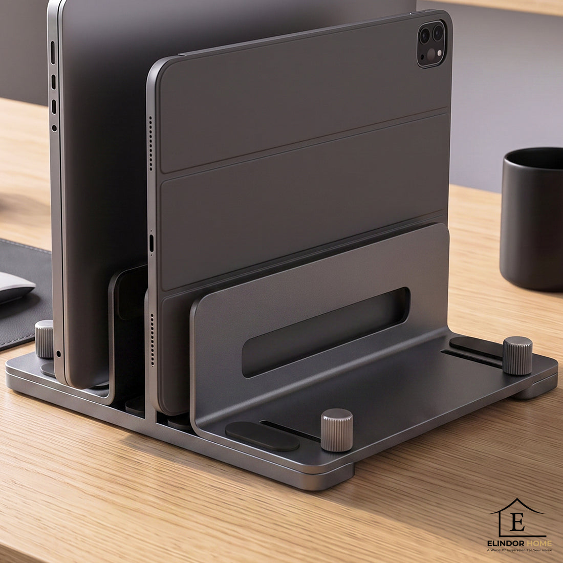 Suport Vertical Elindor® pentru Laptop, Tableta, Notebook si Carti, cu 3 Sloturi, Reglabil, Stand Universal, Compatibil Pana la 17.3 Inch, Ideal pentru Birou, Acasa, 14.5 x 14.2 x 4.6 cm, Gri