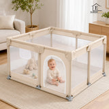 Tarc de Joaca pentru Bebelusi si Copii Elindor® cu Husa Groasa din Spuma, Spatiul Sigur de Joaca, Plasa de Protectie, Include Usa cu Fermoar, Materiale Eco-Friendly și Non-Toxice, Varsta 0-5 ani, 200 x 200 x 65 cm, Bej