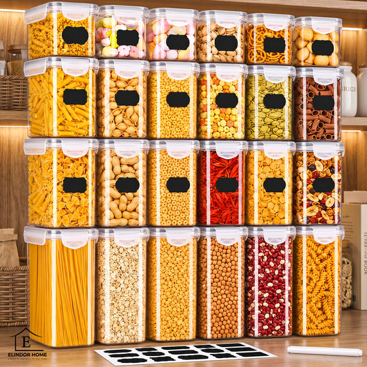 Set de 24 Recipiente Elindor® Mari si Mici, cu Capac Etans, Caserole Ingrediente pentru Bucatarie, pentru Alimente Uscate, Recipient pentru Depozitare Cafea, Zahar, Paste, Cereale, Capac Etans, fara BPA, Transparent