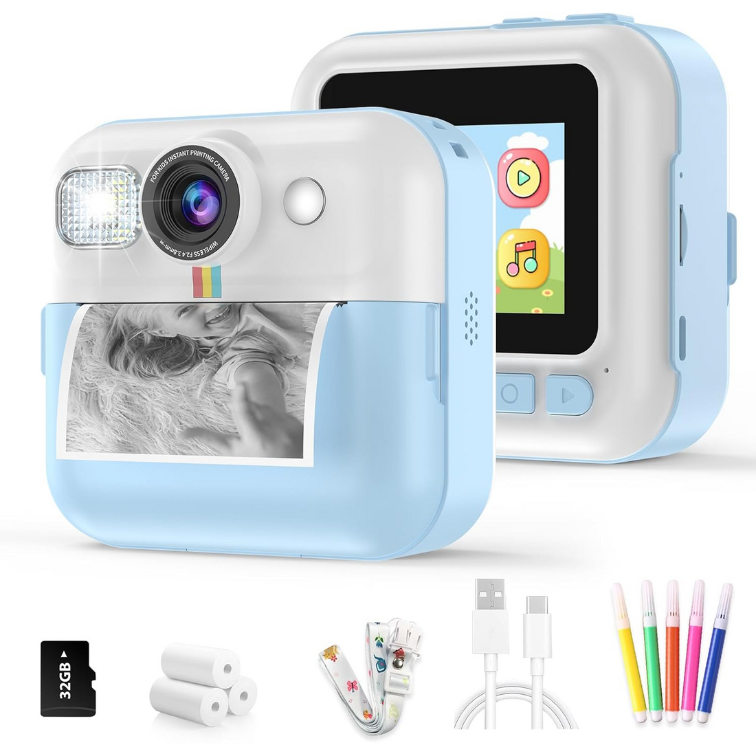 Camera Foto Instant Pentru Copii Elindor®, Ecran 2.4 Inch, 1080P, 16X Zoom, Printare Fara Cerneala, 3 Role Hartie Incluse, 32GB SD, Albastru