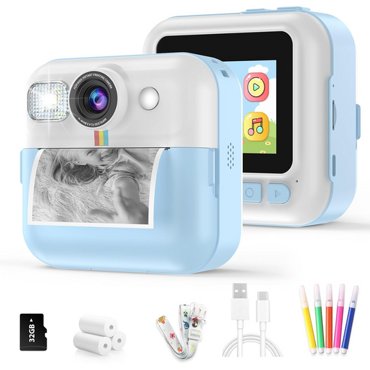 Camera Foto Instant Pentru Copii Elindor®, Ecran 2.4 Inch, 1080P, 16X Zoom, Printare Fara Cerneala, 3 Role Hartie Incluse, 32GB SD, Albastru