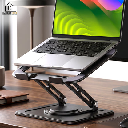 Suport Laptop si Tableta Elindor®, Masa Ergonomica Reglabila si Portabila, Stand Universal cu Baza Rotativa 360°, Antiderapanta, Compatibil 10–15.5 Inch, Ideal pentru Birou, Acasa si Calatorii, Negru