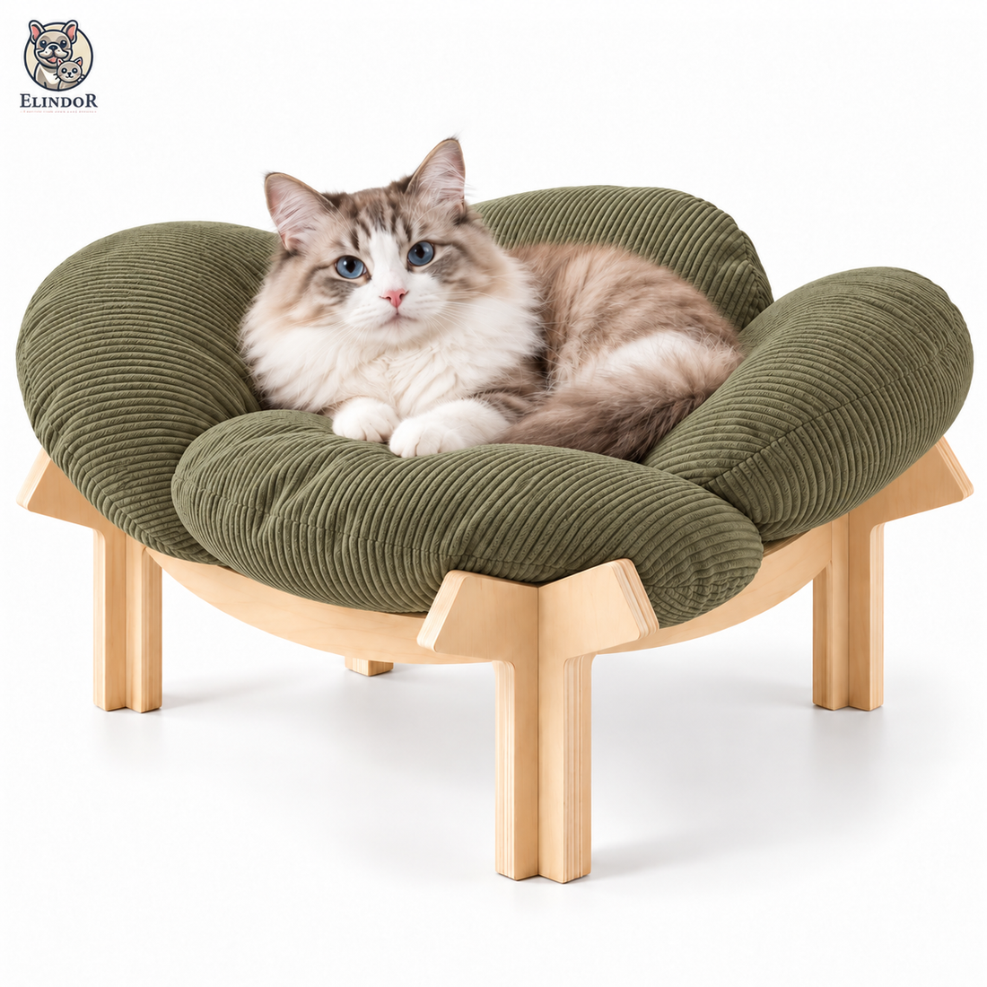 Pat Confortabil pentru Pisici Elindor® Elevat, Asimetric, Culcus Moale Antiderapant, Potrivit pentru Pisica de Talie Medie si Mare, Sustine pana la 18 kg, Ideal in Orice Anotimp, in Casa, 55 x 55 x 25 cm, Kaki