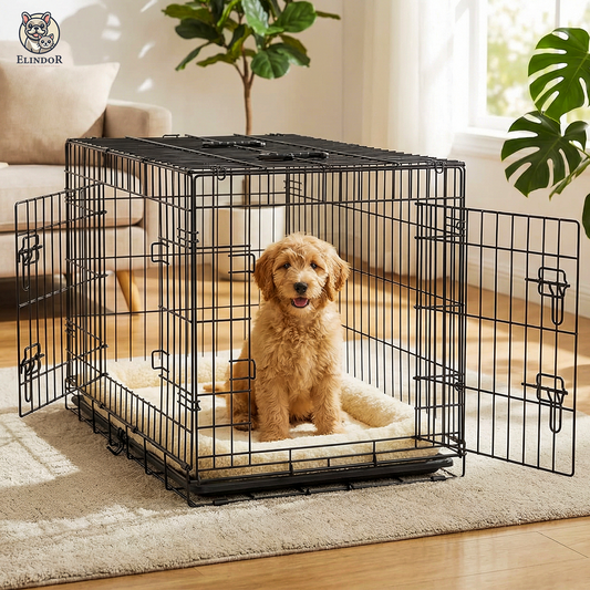 Cusca pentru Animale Elindor® Pliabila, Potrivita pentru Caini de Talie Medie de 12.5 Kg, Utilizare in Interior si Exterior sau Calatorii, cu 2 Usi, Baza din Plastic Detasabila, 2 Manere pentru Transport, Marime L, 76.5 × 48 × 57 cm, Negru