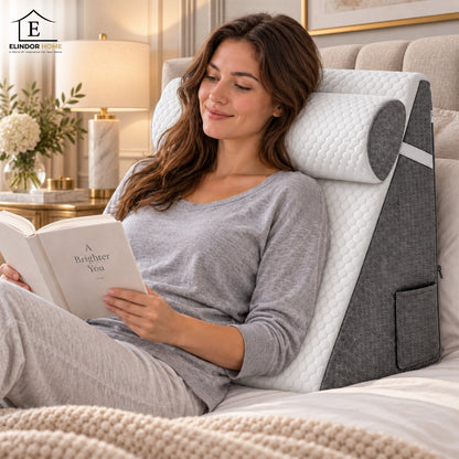 Perna Ergonomica Elindor®, Perna Wedge pentru Circulatie si Recuperare, Suport pentru Genunchi, Picioare si Trunchi, cu Spuma cu Memorie, Husa Textila, 50 x 50 x 26 cm, Gri / Alb