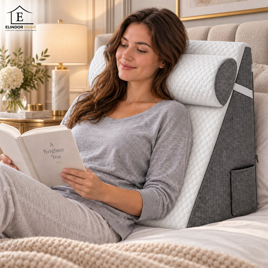 Perna Ergonomica Elindor®, Perna Wedge pentru Circulatie si Recuperare, Suport pentru Genunchi, Picioare si Trunchi, cu Spuma cu Memorie, Husa Textila, 50 x 50 x 26 cm, Gri / Alb
