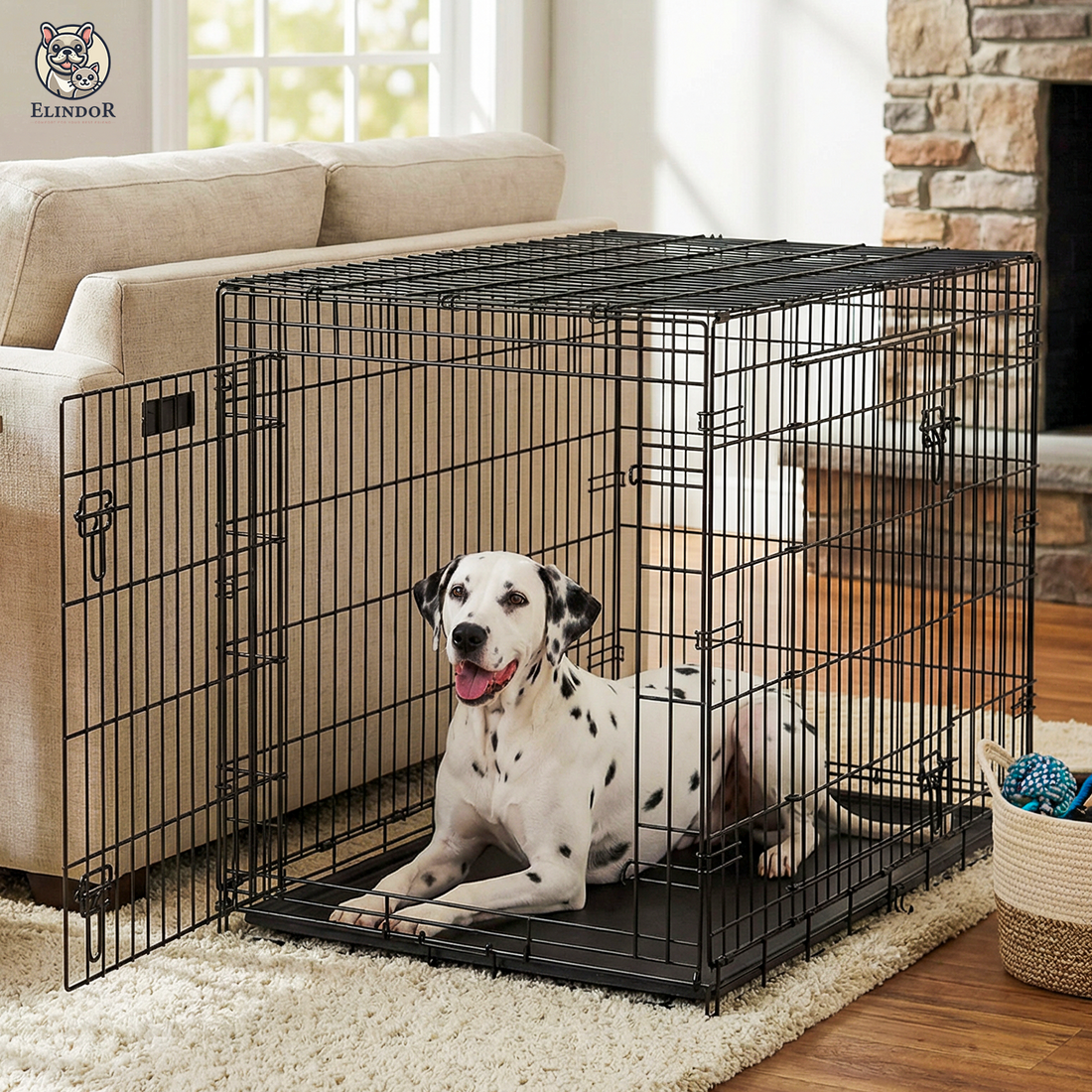 Cusca pentru Animale Elindor® Pliabila, Potrivita pentru Caini de Talie Medie si Mare de 19 Kg, Utilizare in Interior si Exterior sau Calatorii, cu 2 Usi, Baza din Plastic Detasabila, 2 Manere pentru Transport, Marime XL, 91×56.5×64.5 cm,