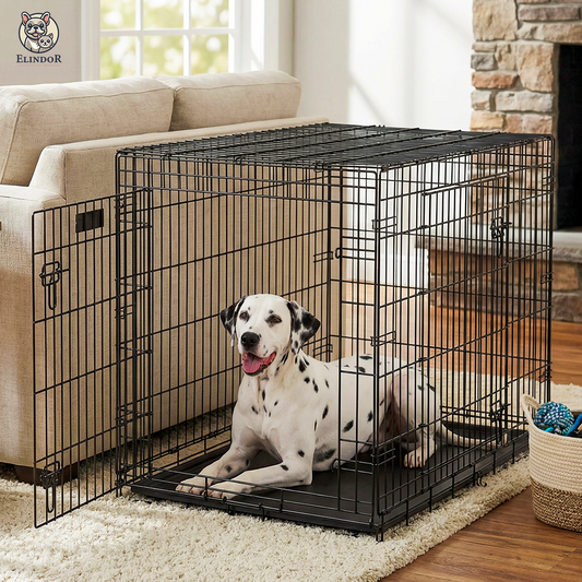 Cusca pentru Animale Elindor® Pliabila, Potrivita pentru Caini de Talie Medie si Mare de 19 Kg, Utilizare in Interior si Exterior sau Calatorii, cu 2 Usi, Baza din Plastic Detasabila, 2 Manere pentru Transport, Marime XL, 91×56.5×64.5 cm,