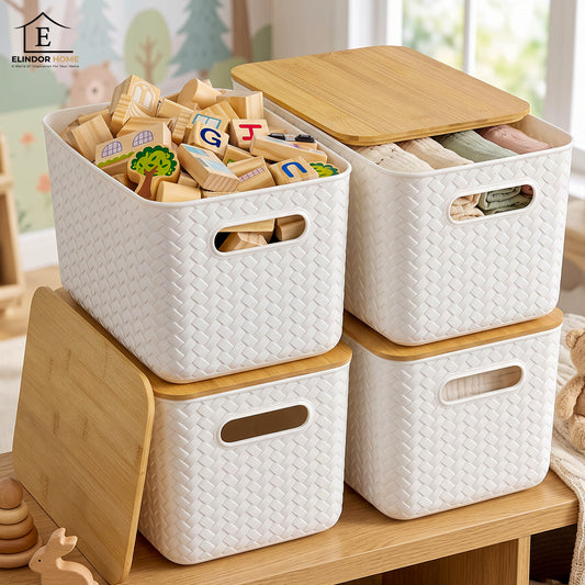 Set 4 Cutii Depozitare Elindor® cu Capac, Organizator pentru Bucatarie si Baie, Organizatoare Dulap si Sertare, Cutie pentru Sertar, Frigider, Camara, Baie, Bar, Birou, Cos Multifunctional, Separator Fructe, Legume, Creme, Parfumuri, Plastic fara BPA, Alb