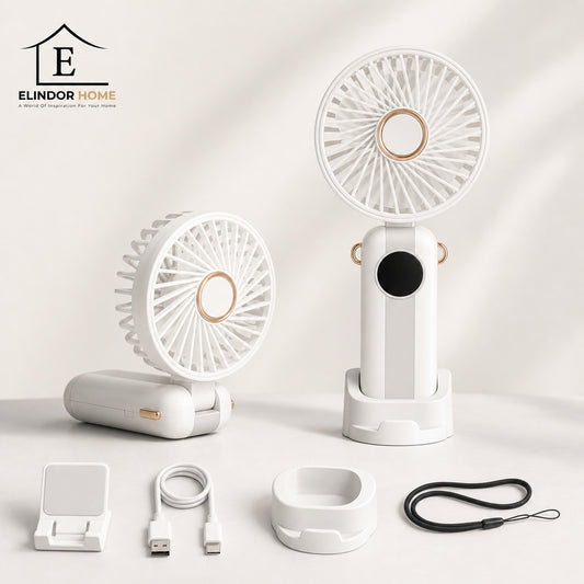 Ventilator Portabil Elindor® Mini Fan Turbo de Mana si Birou, 6 Trepte de Viteza, Acumulator Reincarcabil de 1200 mAh cu USB-C, Pliabil 110°, Ecran LED, Maner Ergonomic, Ultra Usor, pentru Calatorii, Vara, 19 x 9 x 4 cm, Alb