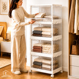 Organizator 4 Nivele Elindor® Carucior cu Roti, Modular, Ajustabil, Raft Mobil Organizare Baie, Camara, Birou, Bar, Dulap pentru Depozitare Legume, Fructe, Detergenti, Parfumuri, Haine, 4x Cutie Detasabila, 38 x 27 x 84 cm, Transparent