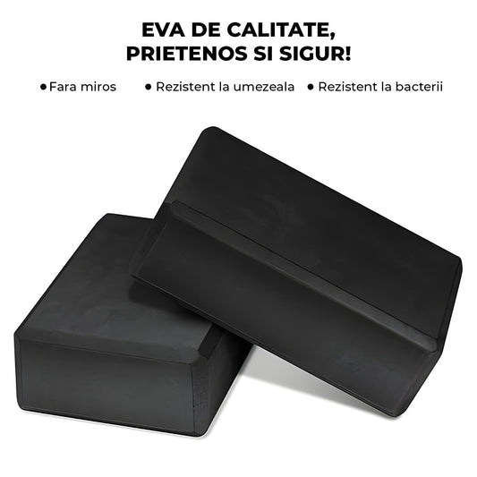 Set 2 Blocuri Premium de Yoga Elindor® Caramizi cu Suprafata Antiderapanta pentru Sport, din Spuma Densa si Durabila, Ideale pentru Meditatie, Mobilitate, Stabilitate si Echilibru, 22.9x15.2x10 cm, Negre