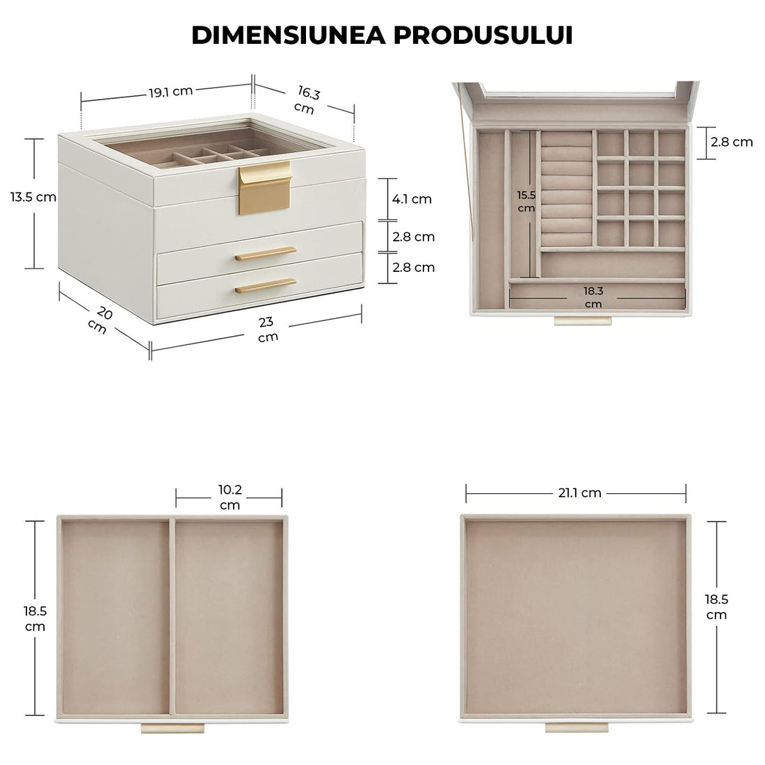 Cutie de Bijuterii Elindor® Organizator pe 3 Niveluri, Sertar x2, Spatiu de Depozitare pentru Inel, Verighete, Lantisoare, Bratari, Cercei, Caseta din Material Catifelat, Design Rafinat, Simplu si Elegant, Piele Ecologica si Catifea, 20 x 23 x 13.5 cm, Al