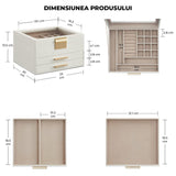 Cutie de Bijuterii Elindor® Organizator pe 3 Niveluri, Sertar x2, Spatiu de Depozitare pentru Inel, Verighete, Lantisoare, Bratari, Cercei, Caseta din Material Catifelat, Design Rafinat, Simplu si Elegant, Piele Ecologica si Catifea, 20 x 23 x 13.5 cm, Al