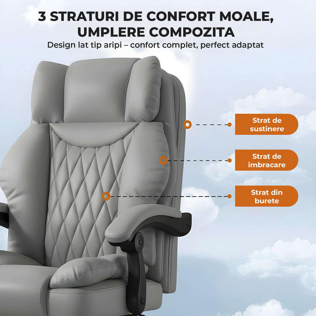 Scaun de Birou Elindor® Ergonomic, Design Contemporan, Scaun cu Spatar si Manere, din Piele PU cu Suport pentru Picioare si Roti, Latime Sezut 58 cm, Inaltime intre 110-118 cm, Gri