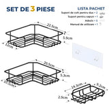 Set 3 Rafturi de Dus Elindor® Polita cu Adeziv, Etajera de Baie pentru Colt, Raft cu Carlige, Suport Prosop si Sapun, din Inox, Organizator Baie sau Etajere Depozitare in Bucatarie, Accesorii, 23 x 8.3 x 23 cm, Negru
