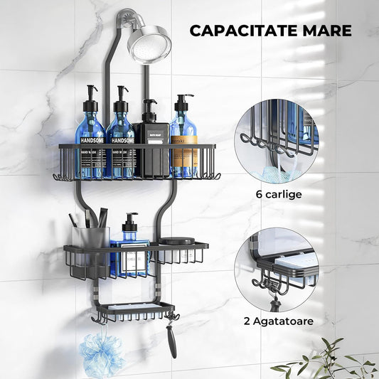 Suport Săpun și Etajere Duș Elindor®, Lipire Adeziv, 10 Cărlinge, Capacitate 20kg, Negru