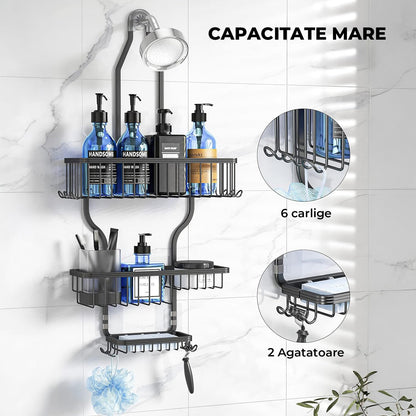 Suport Săpun și Etajere Duș Elindor®, Lipire Adeziv, 10 Cărlinge, Capacitate 20kg, Negru