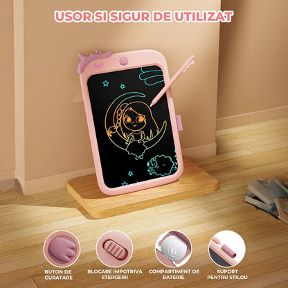 Tableta LCD Desen Elindor® 10 Inch, Jucarie Educativa Pentru Copii, Portabila, Roz