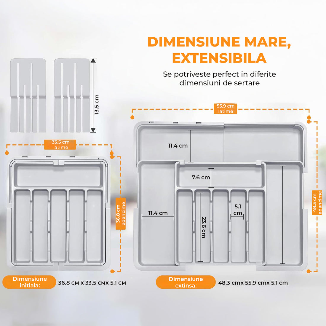 Organizator Extensibil Elindor® pentru Tacamuri si Ustensile de Bucatarie, 9 Compartimente, Sertar Extensibil 36.8-48.3 cm si 33.5 – 55.9 cm, Suport Ajustabil pentru Cutite, Linguri, Furculite, Gri