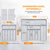 Organizator Extensibil Elindor® pentru Tacamuri si Ustensile de Bucatarie, 9 Compartimente, Sertar Extensibil 36.8-48.3 cm si 33.5 – 55.9 cm, Suport Ajustabil pentru Cutite, Linguri, Furculite, Gri