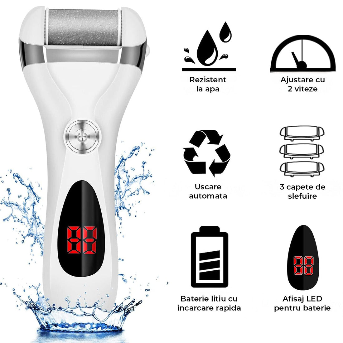 Pila Electrica Elindor® pentru Talpi si Calcaie, cu 3 Role de Slefuire, Display Digital, Rezistenta la Apa, Incarcare USB, 2 Viteze, Alb