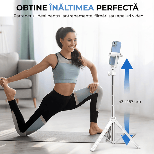 Trepied foto telescopic, universal pentru telefon/cameră/GoPro, Bluetooth, ajustabil, alb