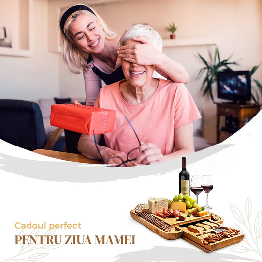 Set Platou Servire Elindor® din Bambus Natural, Cutite Branzeturi, Furculita, Etichete – Ideal pentru Aperitive, Fructe, Cadouri Casa Noua, Nunta sau Petreceri, Ziua Indragostitilor, Craciun