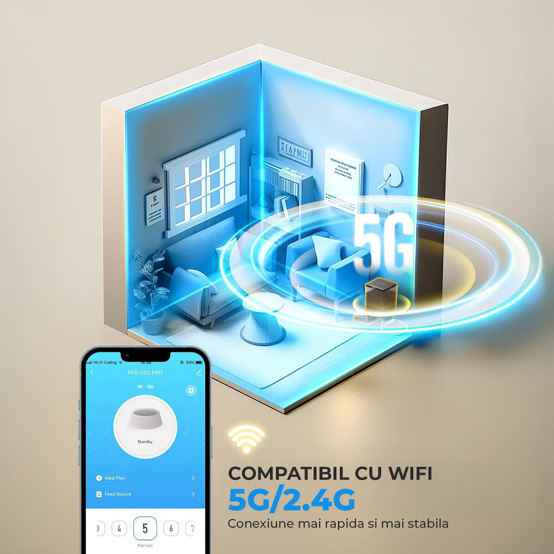 Hranitor Automat Elindor® 5L pentru Pisici si Caini, cu 2 Castroane din Inox, Control prin Aplicatie, WiFi 2.4G/5G, Functie Inregistrare Vocala, Usor de Utilizat, Negru